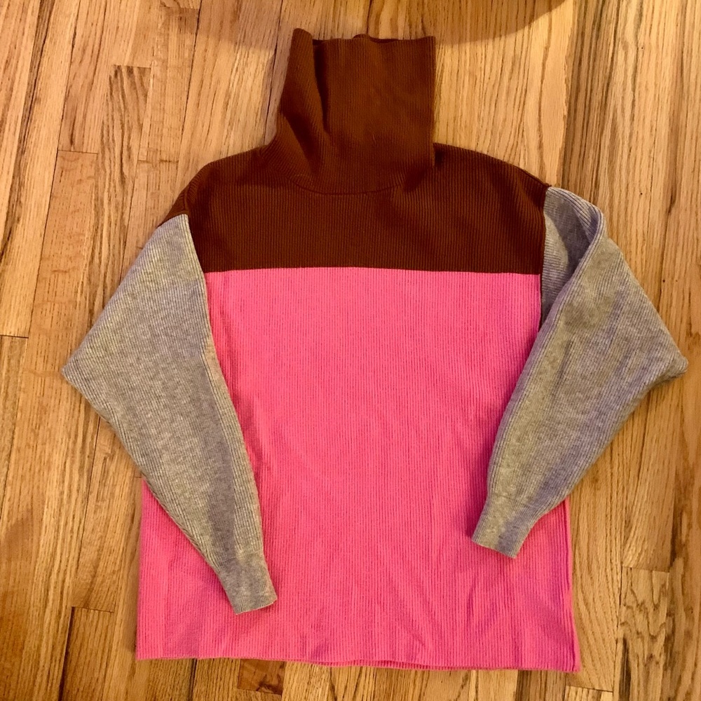 FREE PEOPLE Candy Pop Colorblock Turtleneck Sweater - Pink, Brown, and Gray